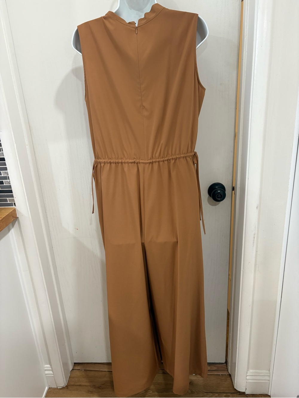 Minimalist quiet luxury cocktail Sleeveless V-Neck Wide Leg Jumpsuit in Caramel - Picture 4 of 8